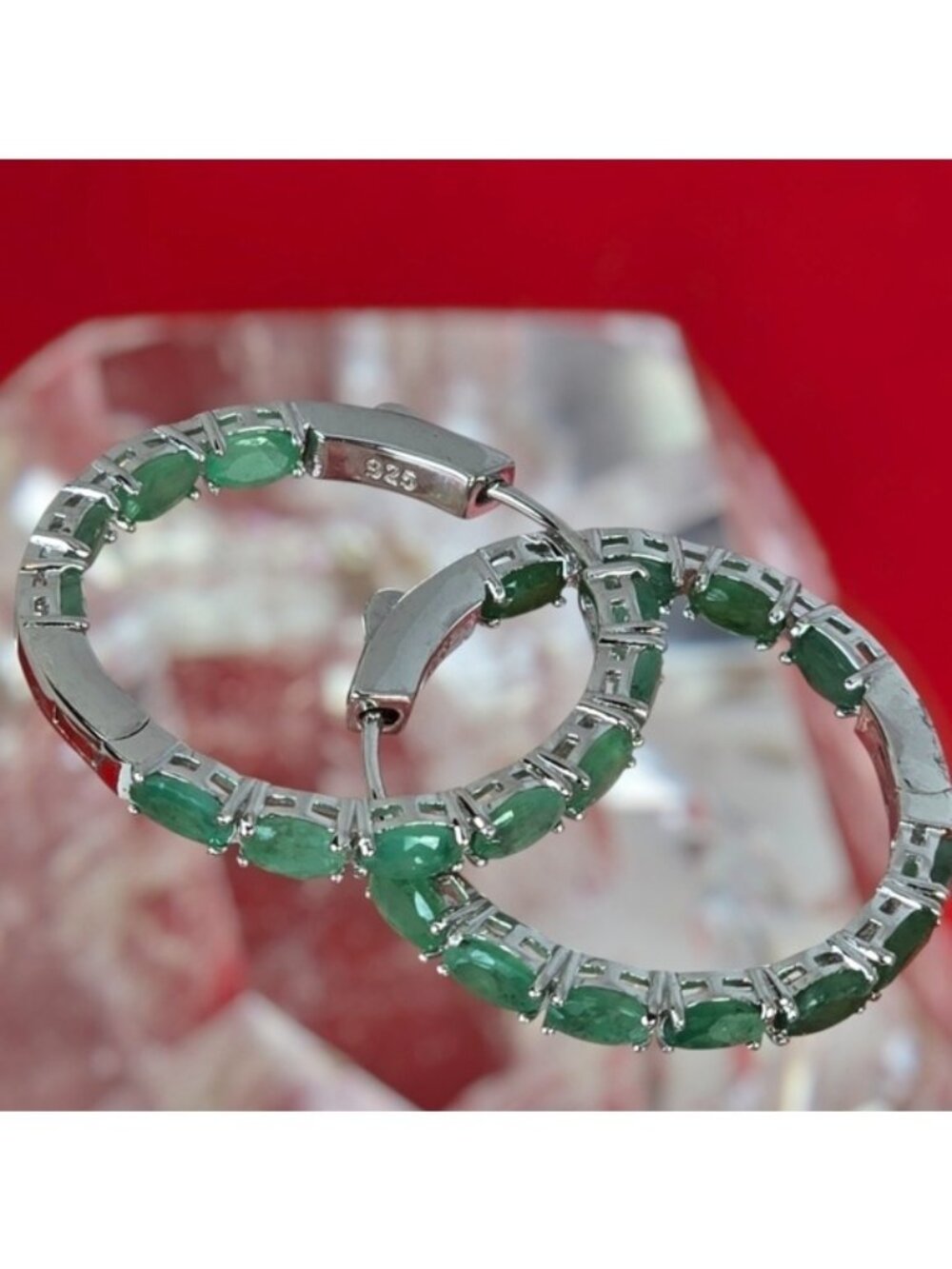 925 Sterling Silverl Hoop Earrings 3cm with Natural Emerald Gemstones